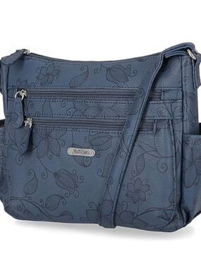 MultiSac Navy Floral Crossbody Bag with Multiple Zip Pockets